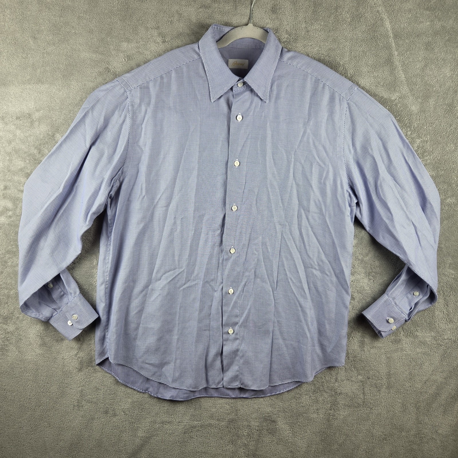Brioni Mens White Blue Houndstooth Long Sleeve Button Down Shirt Mens Xl